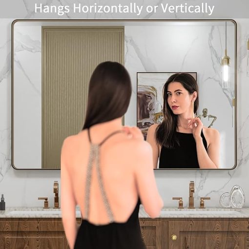 LOAAO 48”X32” Bronze Bathroom Mirrors for Vanity, Rounded Rectangle Brushed Bronze Metal Frame Mirror, Anti-Rust, Tempered Glass, Hangs Horizontally or Vertically - Image 2