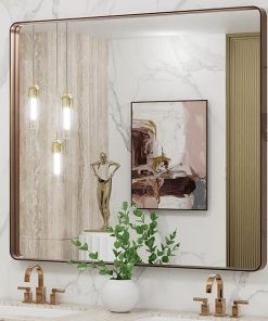 LOAAO 40”X36” Bronze Bathroom Mirrors for Vanity, Rounded Rectangle Brushed Bronze Metal Frame Mirror, Anti-Rust, Tempered Glass, Hangs Horizontally or Vertically