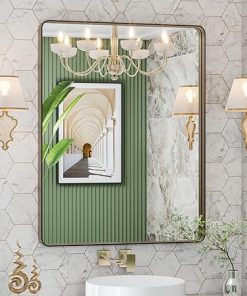 LOAAO 28”X36” Bronze Bathroom Mirrors for Vanity, Rounded Rectangle Brushed Bronze Metal Frame Mirror, Anti-Rust, Tempered Glass, Hangs Horizontally or Vertically