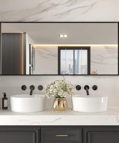 LOAAO 72″X32″ Black Rectangle Bathroom Mirror Wall, Matte Black Aluminum Alloy Frame, Tempered Glass, Hangs Vertically or Horizontally, Easy to Install