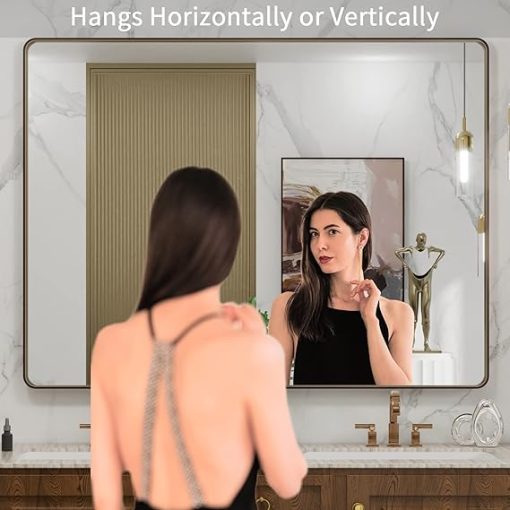LOAAO 48”X36” Bronze Bathroom Mirrors for Vanity, Rounded Rectangle Brushed Bronze Metal Frame Mirror, Anti-Rust, Tempered Glass, Hangs Horizontally or Vertically - Image 2
