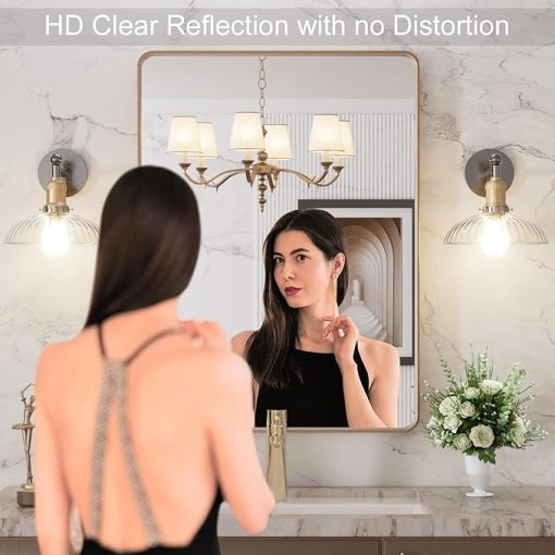 LOAAO 22”X30” Gold Bathroom Mirror, Rounded Rectangle Gold Frame Mirror, Brushed Gold Bathroom Vanity Mirror Wall-Mounted, Anti-Rust, Tempered Glass, Hangs Horizontally or Vertically - Image 2