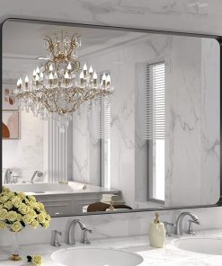 LOAAO 48X32 Inch Black Metal Framed Bathroom Mirror for Wall, Matte Black Bathroom Vanity Mirror Farmhouse, Large Rounded Rectangle Mirror, Anti-Rust, Tempered Glass, Hangs Horizontally or Vertically