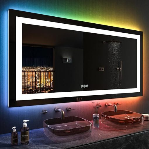 LOAAO 55X30 Inch RGB LED Bathroom Mirror with Lights, Anti-Fog, Dimmable Lighted Bathroom Vanity Mirror, Colorful Multiple Light Modes, RGB Backlit + Front Light, Memory Function - Image 2