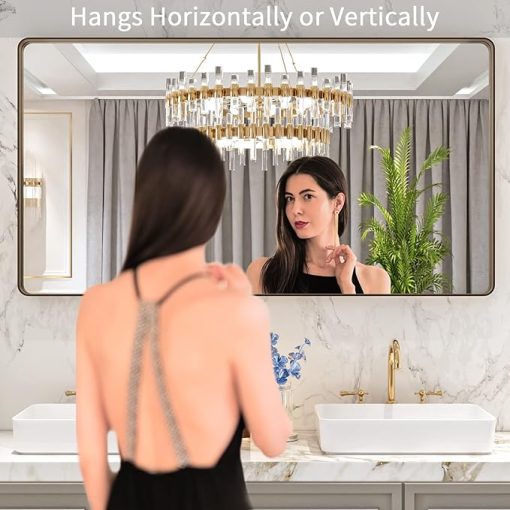 LOAAO 55”X30” Bronze Bathroom Mirrors for Vanity, Rounded Rectangle Brushed Bronze Metal Frame Mirror, Anti-Rust, Tempered Glass, Hangs Horizontally or Vertically - Image 2