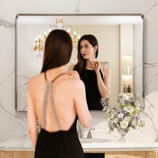 LOAAO 48X36 Inch Brushed Nickel Bathroom Mirror, Rounded Rectangle Silver Metal Frame Mirror, Brushed Nickel, Anti-Rust, Shatter Proof, Hangs Horizontally or Vertically - Image 2