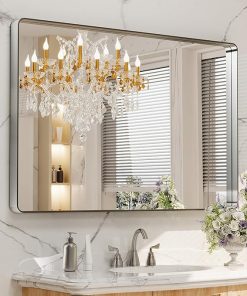 LOAAO 48X30 Inch Brushed Nickel Bathroom Mirror, Rounded Rectangle Silver Metal Frame Mirror, Brushed Nickel, Anti-Rust, Shatter Proof, Hangs Horizontally or Vertically