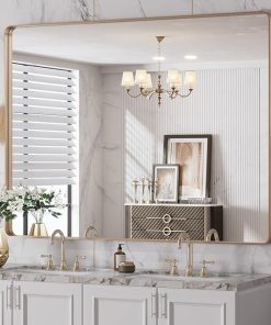 LOAAO 48”X36” Gold Bathroom Mirror, Rounded Rectangle Gold Frame Mirror, Brushed Gold Bathroom Vanity Mirror Wall-Mounted, Anti-Rust, Tempered Glass, Hangs Horizontally or Vertically