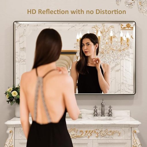 LOAAO 60X28 Inch Brushed Nickel Bathroom Mirror, Rounded Rectangle Silver Metal Frame Mirror, Brushed Nickel, Anti-Rust, Shatter Proof, Hangs Horizontally or Vertically - Image 2
