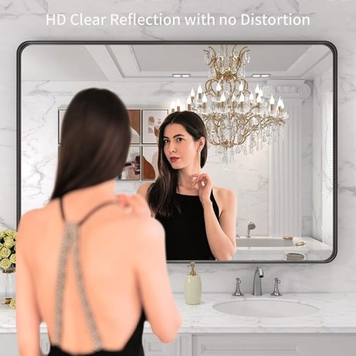 LOAAO 48X30 Inch Black Metal Framed Bathroom Mirror for Wall, Matte Black Bathroom Vanity Mirror Farmhouse, Large Rounded Rectangle Mirror, Anti-Rust, Tempered Glass, Hangs Horizontally or Vertically - Image 2