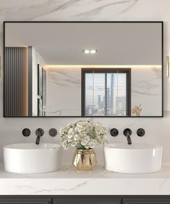 LOAAO 60″X36″ Black Rectangle Bathroom Mirror Wall, Matte Black Aluminum Alloy Frame, Tempered Glass, Hangs Vertically or Horizontally, Easy to Install