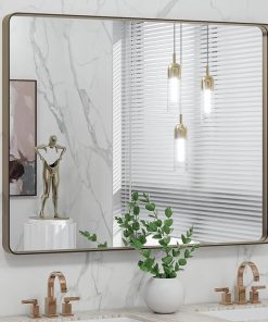 LOAAO 40”X30” Bronze Bathroom Mirrors for Vanity, Rounded Rectangle Brushed Bronze Metal Frame Mirror, Anti-Rust, Tempered Glass, Hangs Horizontally or Vertically
