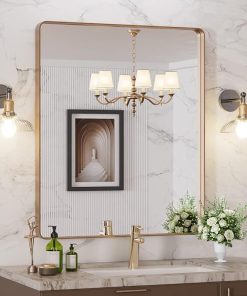 LOAAO 30”X36” Gold Bathroom Mirror, Rounded Rectangle Gold Frame Mirror, Brushed Gold Bathroom Vanity Mirror Wall-Mounted, Anti-Rust, Tempered Glass, Hangs Horizontally or Vertically