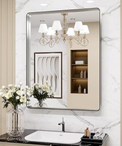 LOAAO 30X36 Inch Brushed Nickel Bathroom Mirror, Rounded Rectangle Silver Metal Frame Nickel, Anti-Rust, Shatter Proof, Hangs Horizontally or Vertically, S9076