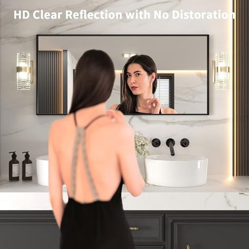 LOAAO 60"X28" Black Rectangle Bathroom Mirror Wall, Matte Black Aluminum Alloy Frame, Tempered Glass, Hangs Vertically or Horizontally, Easy to Install - Image 2