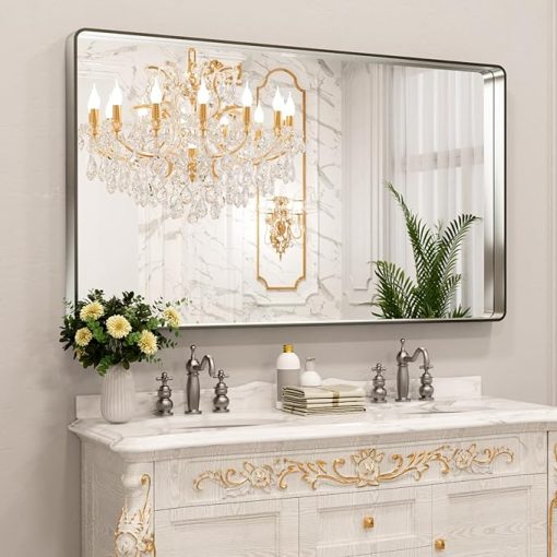 LOAAO 60X28 Inch Brushed Nickel Bathroom Mirror, Rounded Rectangle Silver Metal Frame Mirror, Brushed Nickel, Anti-Rust, Shatter Proof, Hangs Horizontally or Vertically
