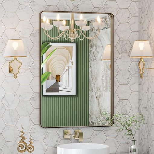LOAAO 24”X36” Bronze Bathroom Mirrors for Vanity, Rounded Rectangle Brushed Bronze Metal Frame Mirror, Anti-Rust, Tempered Glass, Hangs Horizontally or Vertically