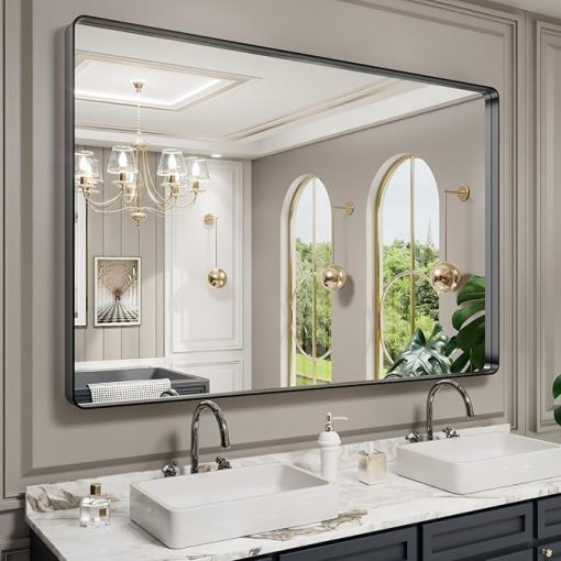 LOAAO 60X40 Inch Black Metal Framed Bathroom Mirror for Wall, Matte Black Bathroom Vanity Mirror Farmhouse, Large Rounded Rectangle Mirror, Anti-Rust, Tempered Glass, Hangs Horizontally or Vertically