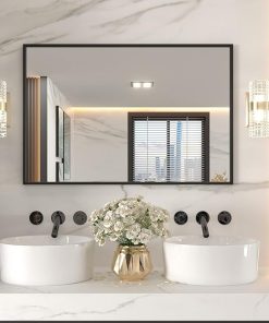 LOAAO 40″X32″ Black Rectangle Bathroom Mirror Wall, Matte Black Aluminum Alloy Frame, Tempered Glass, Hangs Vertically or Horizontally, Easy to Install