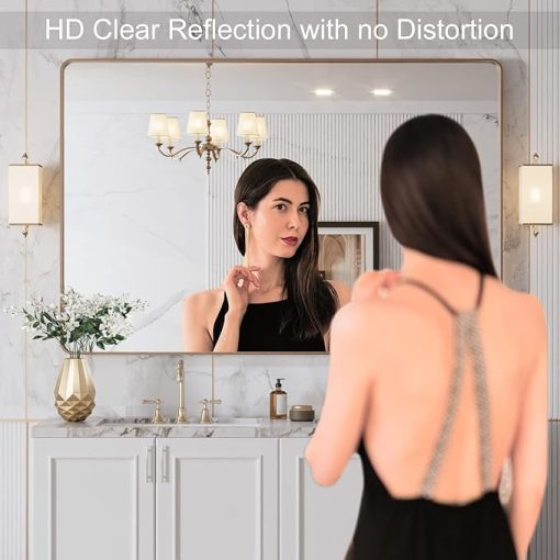 LOAAO 48”X32” Gold Bathroom Mirror, Rounded Rectangle Gold Frame Mirror, Brushed Gold Bathroom Vanity Mirror Wall-Mounted, Anti-Rust, Tempered Glass, Hangs Horizontally or Vertically - Image 2