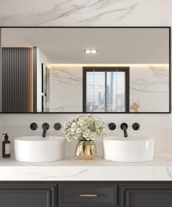 LOAAO 72″X36″ Black Rectangle Bathroom Mirror Wall, Matte Black Aluminum Alloy Frame, Tempered Glass, Hangs Vertically or Horizontally, Easy to Install