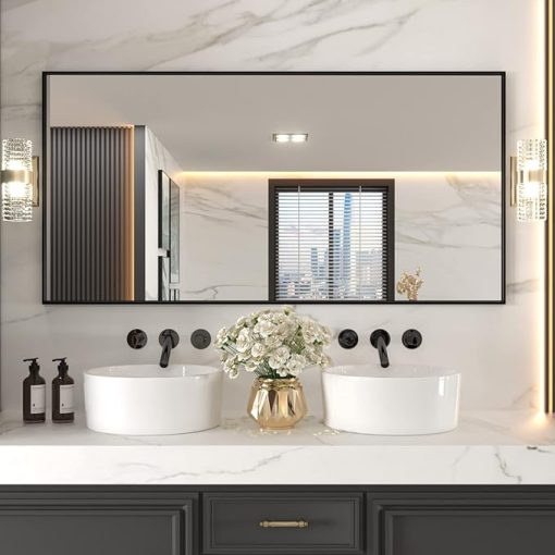 LOAAO 72"X36" Black Rectangle Bathroom Mirror Wall, Matte Black Aluminum Alloy Frame, Tempered Glass, Hangs Vertically or Horizontally, Easy to Install