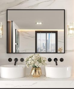 LOAAO 48″X36″ Black Rectangle Bathroom Mirror Wall, Matte Black Aluminum Alloy Frame, Tempered Glass, Hangs Vertically or Horizontally, Easy to Install