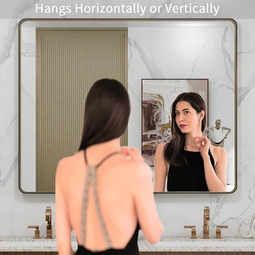 LOAAO 40”X36” Bronze Bathroom Mirrors for Vanity, Rounded Rectangle Brushed Bronze Metal Frame Mirror, Anti-Rust, Tempered Glass, Hangs Horizontally or Vertically - Image 2