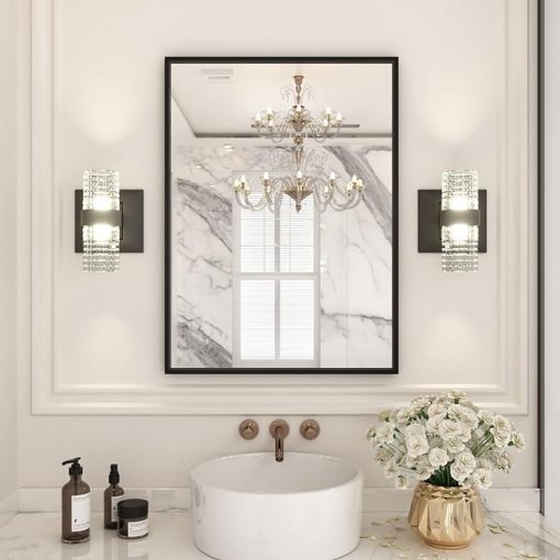 LOAAO 22"X30" Black Rectangle Bathroom Mirror Wall, Matte Black Aluminum Alloy Frame, Hangs Vertically or Horizontally, Easy to Install