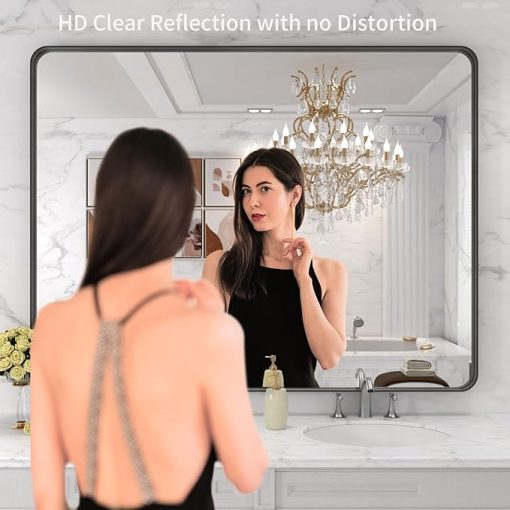 LOAAO 48x36 Inch Black Metal Framed Bathroom Mirror for Wall, Matte Black Bathroom Vanity Mirror Farmhouse, Large Rounded Rectangle Mirror, Anti-Rust, Tempered Glass, Hangs Horizontally or Vertically - Image 2