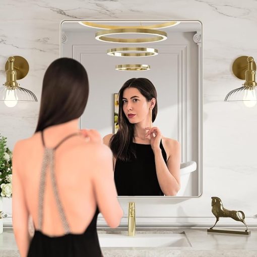 LOAAO 28X36 Inch Brushed Nickel Bathroom Mirror, Rounded Rectangle Silver Metal Frame Mirror, Brushed Nickel, Anti-Rust, Shatter Proof, Hangs Horizontally or Vertically - Image 2