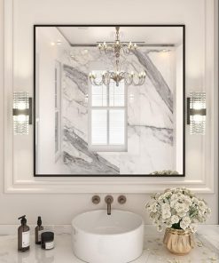 LOAAO 36″X36″ Black Rectangle Bathroom Mirror Wall, Matte Black Aluminum Alloy Frame, Tempered Glass, Hangs Vertically or Horizontally, Easy to Install
