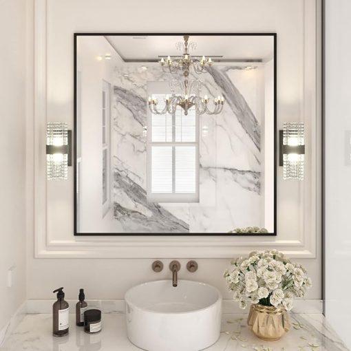 LOAAO 36"X36" Black Rectangle Bathroom Mirror Wall, Matte Black Aluminum Alloy Frame, Tempered Glass, Hangs Vertically or Horizontally, Easy to Install