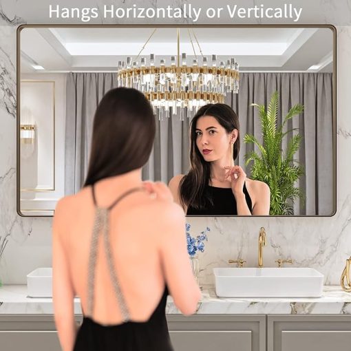 LOAAO 60”X36” Bronze Bathroom Mirrors for Vanity, Rounded Rectangle Brushed Bronze Metal Frame Mirror, Anti-Rust, Tempered Glass, Hangs Horizontally or Vertically - Image 2
