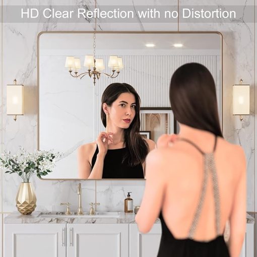 LOAAO 40”X32” Gold Bathroom Mirror, Rounded Rectangle Gold Frame Mirror, Brushed Gold Bathroom Vanity Mirror Wall-Mounted, Anti-Rust, Tempered Glass, Hangs Horizontally or Vertically - Image 2