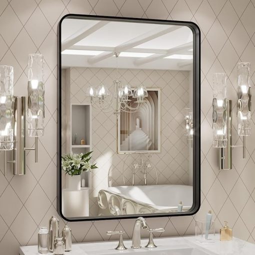 LOAAO 24X32 Inch Black Metal Framed Bathroom Mirror for Wall, Matte Black Bathroom Vanity Mirror Farmhouse, Large Rounded Rectangle Mirror, Anti-Rust, Tempered Glass, Hangs Horizontally or Vertically