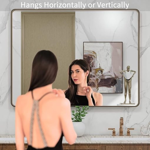 LOAAO 40”X30” Bronze Bathroom Mirrors for Vanity, Rounded Rectangle Brushed Bronze Metal Frame Mirror, Anti-Rust, Tempered Glass, Hangs Horizontally or Vertically - Image 2