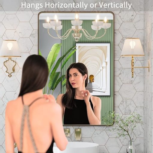 LOAAO 24”X36” Bronze Bathroom Mirrors for Vanity, Rounded Rectangle Brushed Bronze Metal Frame Mirror, Anti-Rust, Tempered Glass, Hangs Horizontally or Vertically - Image 2