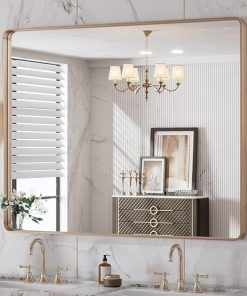 LOAAO 40”X32” Gold Bathroom Mirror, Rounded Rectangle Gold Frame Mirror, Brushed Gold Bathroom Vanity Mirror Wall-Mounted, Anti-Rust, Tempered Glass, Hangs Horizontally or Vertically
