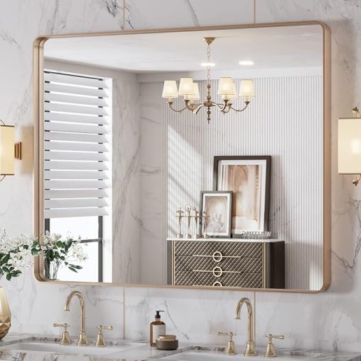 LOAAO 40”X32” Gold Bathroom Mirror, Rounded Rectangle Gold Frame Mirror, Brushed Gold Bathroom Vanity Mirror Wall-Mounted, Anti-Rust, Tempered Glass, Hangs Horizontally or Vertically