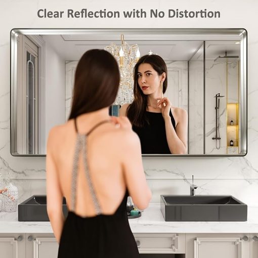 LOAAO 72X32 Inch Brushed Nickel Bathroom Mirror, Rounded Rectangle Silver Metal Frame Mirror, Brushed Nickel, Anti-Rust, Shatter Proof, Hangs Horizontally or Vertically - Image 2