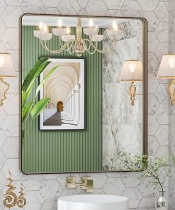 LOAAO 30”X36” Bronze Bathroom Mirrors for Vanity, Rounded Rectangle Brushed Bronze Metal Frame Mirror, Anti-Rust, Tempered Glass, Hangs Horizontally or Vertically