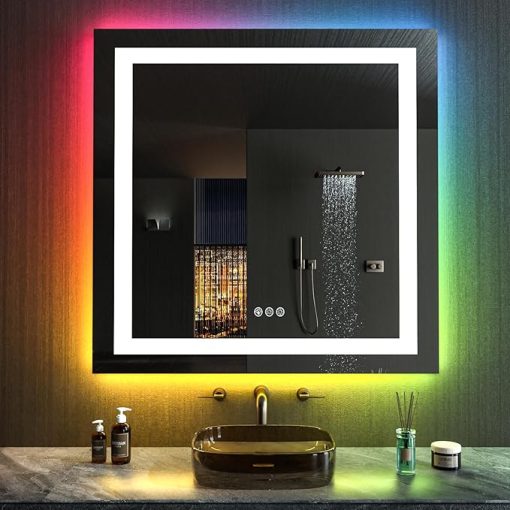 LOAAO 32"X32" LED Bathroom Mirror with Lights, Anti-Fog, Dimmable, RGB Backlit + Front Lighted, Bathroom Vanity Mirror for Wall, Memory Function, Waterproof, Tempered Glass - Image 2