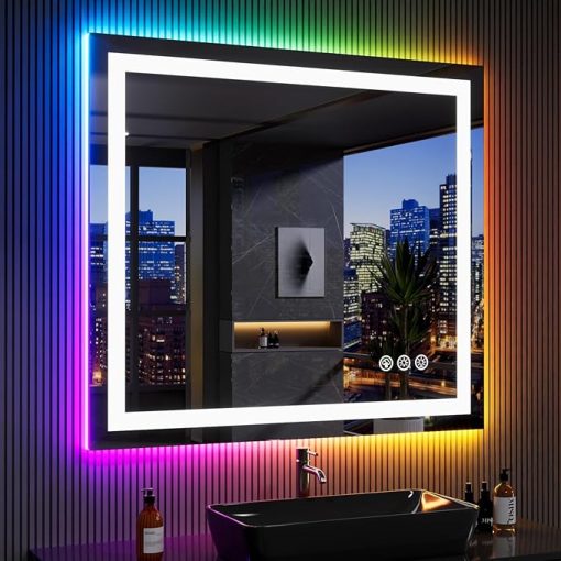 LOAAO 40"X36" LED Bathroom Mirror with Lights, Anti-Fog, Dimmable, RGB Backlit + Front Lighted, Bathroom Vanity Mirror for Wall, Memory Function, Waterproof, Tempered Glass - Image 2